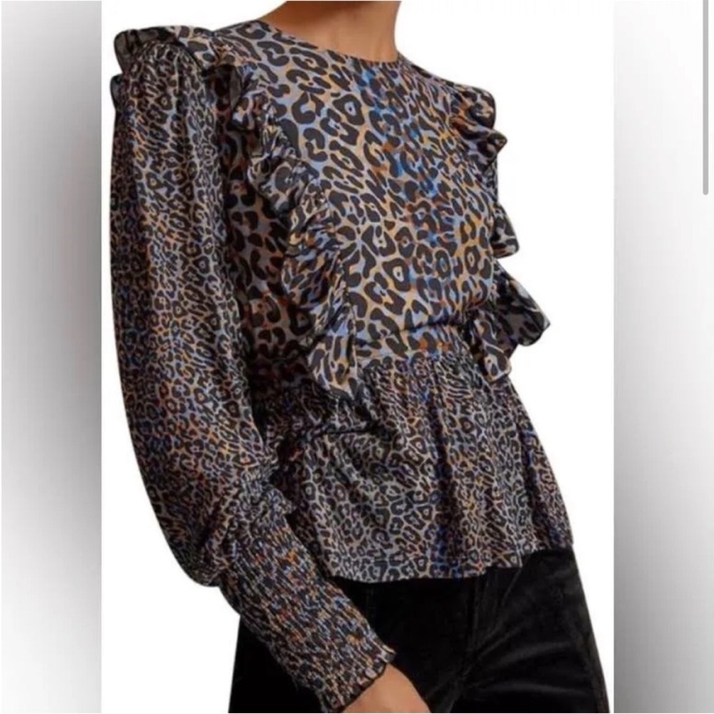 Anthropologie BINk Moira Ruffled Peplum Leopard Print Top Shirt Blouse Sz M